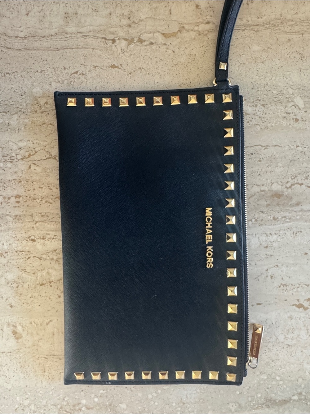 Michael Kors Black Leather Wristlet with Gold Pyramid Studs